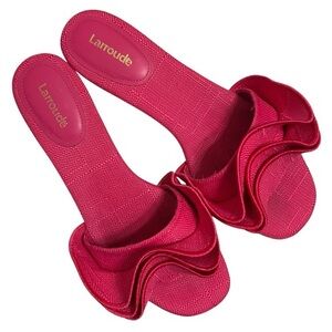 Larroudé Ivy Ruffle Flat Mule Pink Raffia Size 8